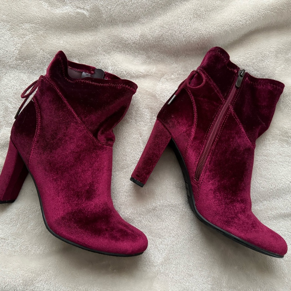 Red Faux Velvet Heeled Booties